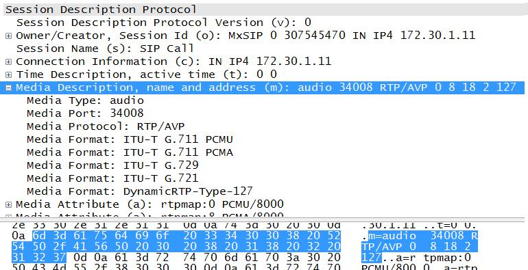 3.17 Στο SDP πακέτο που απεικονίζεται, το επιλεγμένο πεδίο περιέχει πληροφορίες για τον τύπο πολυμέσων που πρόκειται να μεταδοθεί, μαζί με τα υποστηριζόμενα codecs ηχου της συσκευής και το πρωτόκολλο