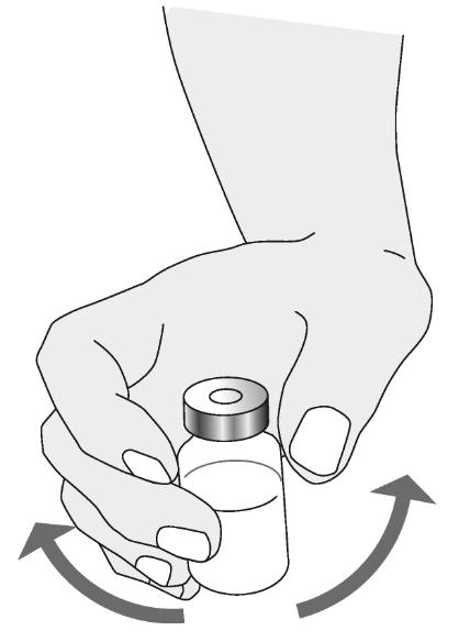 10. Pomaly otáčajte (nepotriasajte) liekovku v približne 45-stupňovom uhle počas približne 1 minúty bez toho, aby ste sa dotkli gumenej zátky. Nechajte stáť 5 minút. 11.