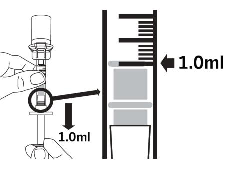 PRÍPRAVA NA PODANIE INJEKCIE HOTOVÉHO LIEKU Krok 15: Naplnenie injekčnej striekačky 1,0 ml hotového lieku Obráťte injekčnú striekačku a liekovku zhora nadol.