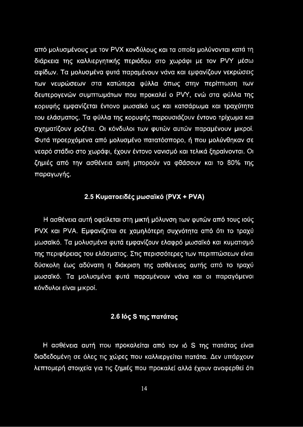 έντονο μωσαϊκό ως και κατσάρωμα και τραχύτητα του ελάσματος. Τα φύλλα της κορυφής παρουσιάζουν έντονο τρίχωμα και σχηματίζουν ροζέτα. Οι κόνδυλοι των φυτών αυτών παραμένουν μικροί.