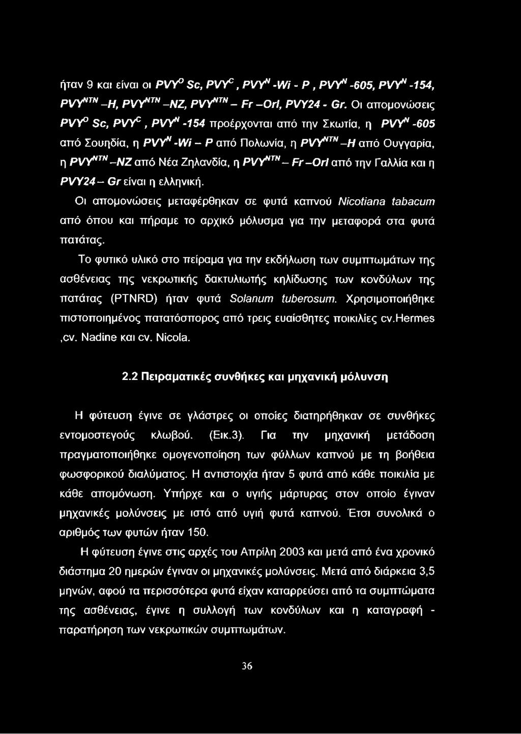 Γαλλία και η P V Y24- Gr είναι η ελληνική. Οι απομονώσεις μεταφέρθηκαν σε φυτά καπνού Nicotiana tabacum από όπου και πήραμε το αρχικό μόλυσμα για την μεταφορά στα φυτά πατάτας.