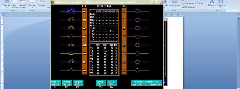 Γυρνάµε στην προσοµοίωση. Πατώντας F2 βλέπουµε τους πίνακες δεδοµένων για τα Timer και τα Counter Κλείνουµε τον διακόπτη I:1/00 για 4 δευτερόλεπτα και τον ανοίγουµε.