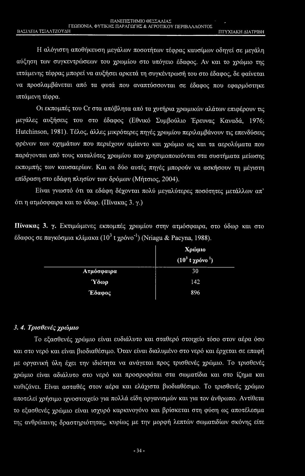 Οι εκπομπές του Cr στα απόβλητα από τα χυτήρια χρωμικών αλάτων επιφέρουν τις μεγάλες αυξήσεις του στο έδαφος (Εθνικό Συμβούλιο Έρευνας Καναδά, 1976; Hutchinson, 1981).