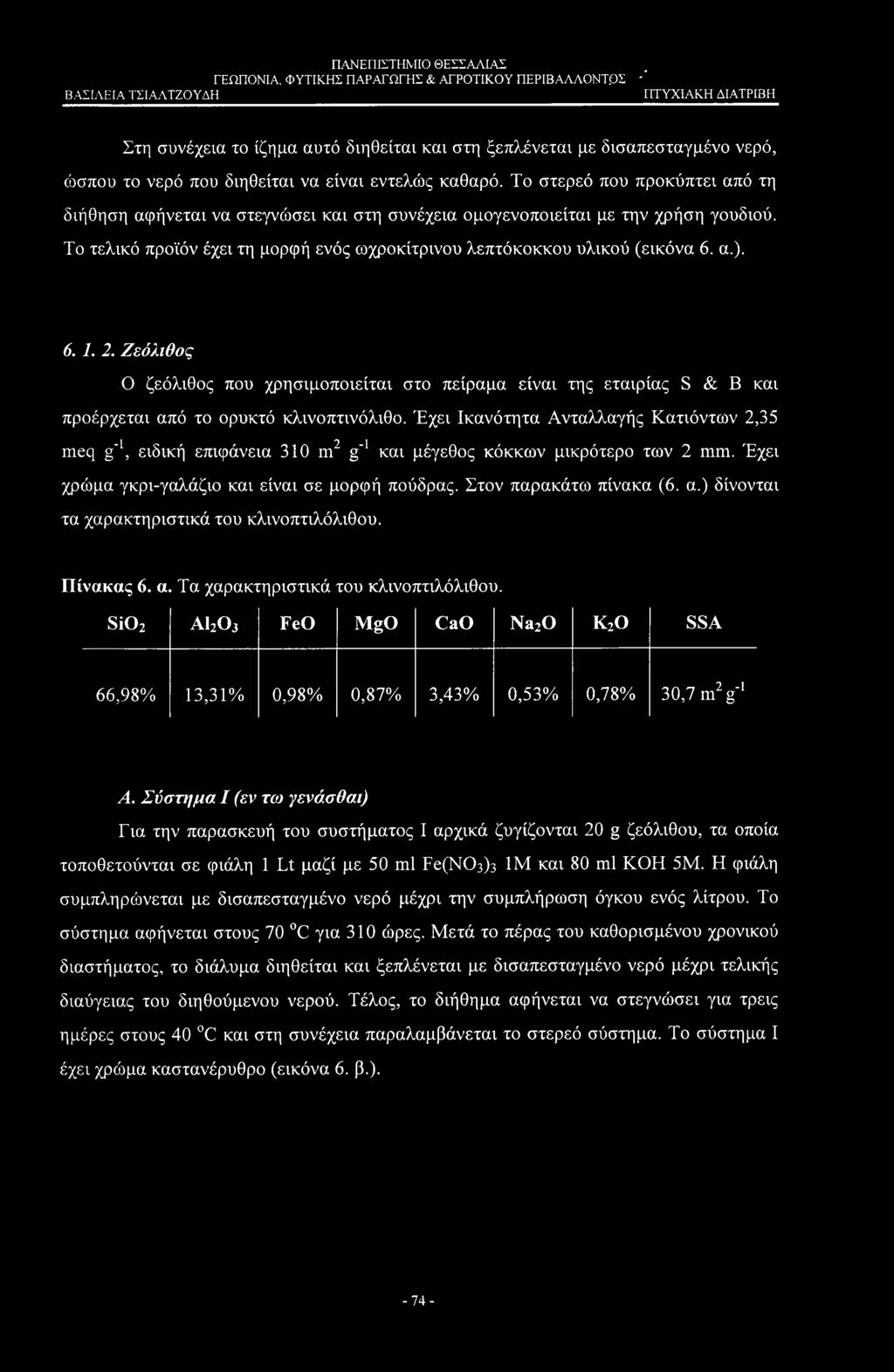 6. 1. 2. Ζεόλιθος Ο ζεόλιθος που χρησιμοποιείται στο πείραμα είναι της εταιρίας S & Β και προέρχεται από το ορυκτό κλινοπτινόλιθο.