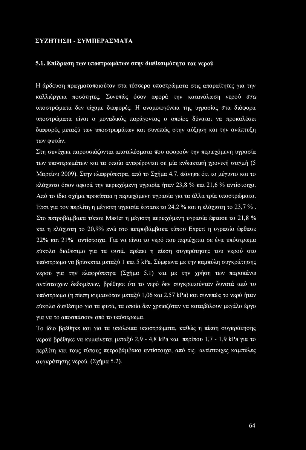 Η ανομοιογένεια της υγρασίας στα διάφορα υποστρώματα είναι ο μοναδικός παράγοντας ο οποίος δύναται να προκαλέσει διαφορές μεταξύ των υποστρωμάτων και συνεπώς στην αύξηση και την ανάπτυξη των φυτών.