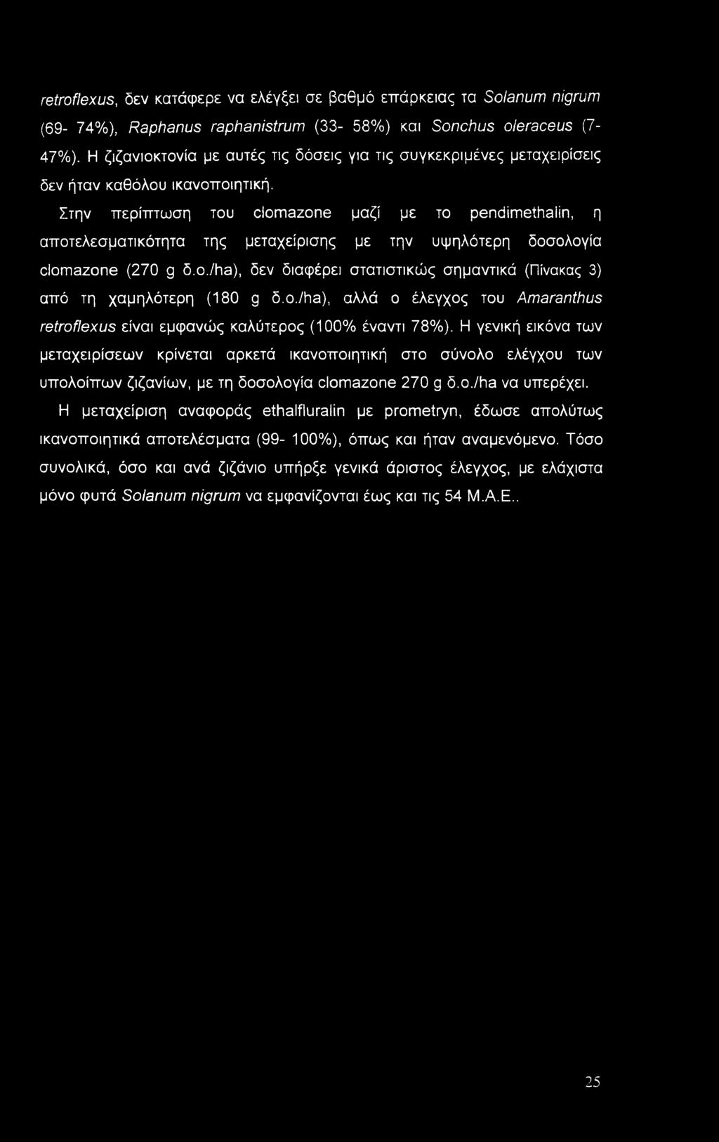 Στην περίπτωση του clomazone μαζί με το pendimethaiin, η αποτελεσματικότητα της μεταχείρισης με την υψηλότερη δοσολογία ciomazone (270 g δ.ο./ha), δεν διαφέρει στατιστικώς σημαντικά (Πίνακας 3) από τη χαμηλότερη (180 g δ.