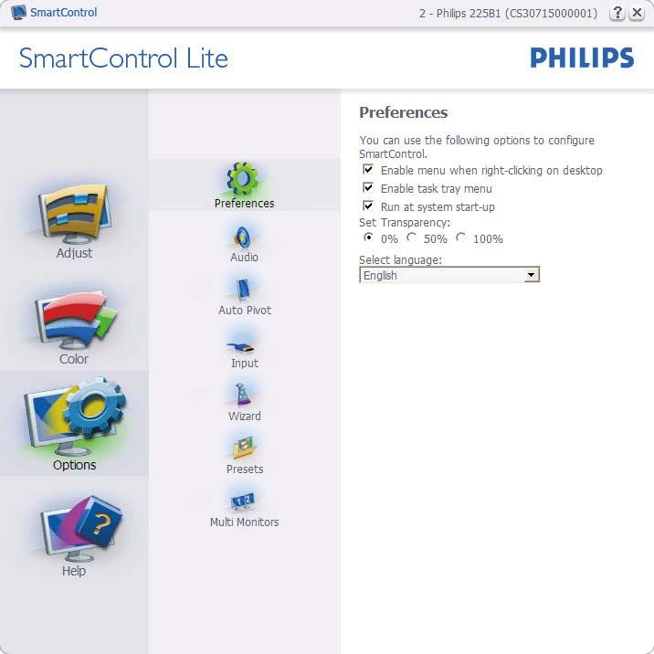 3. Πληροφορίες για το προϊόν Options > Preferences (Επιλογές > Προτιμήσεις) - Θα είναι ενεργή μόνο όταν έχετε επιλέξει Preferences (Προτιμήσεις) από το αναπτυσσόμενο μενού Options (Επιλογές).