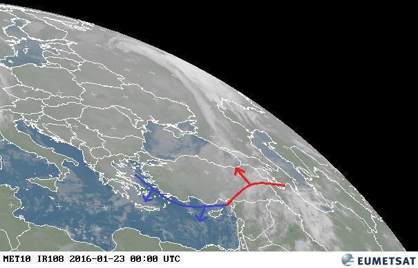 μεσημβρινή ανάπτυξη του αυλώνα χαμηλών πιέσεων (trough), καθώς αρχίζει να κινείται στον άξονα βορρά-νότου (νότια επέκταση του αυλώνα).