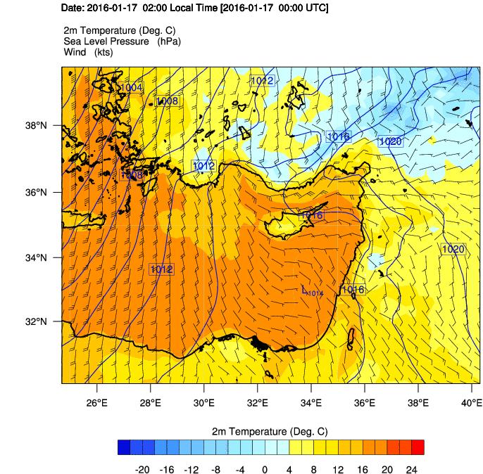 130 Πρόγνωση ατμοσφαιρικής πίεσης για 17/01/2016, 00:00 UTC ΗΜΕΡΟΜΗΝΙΑ: 17/01/2016, 00:00 UTC Πόλη Ατμοσφαιρική πίεση (hpa) Πρόγνωση Πραγματική Λάρνακα 1015 ± 1 1016,3 Sallum (Αίγυπτος) 1010 ± 1