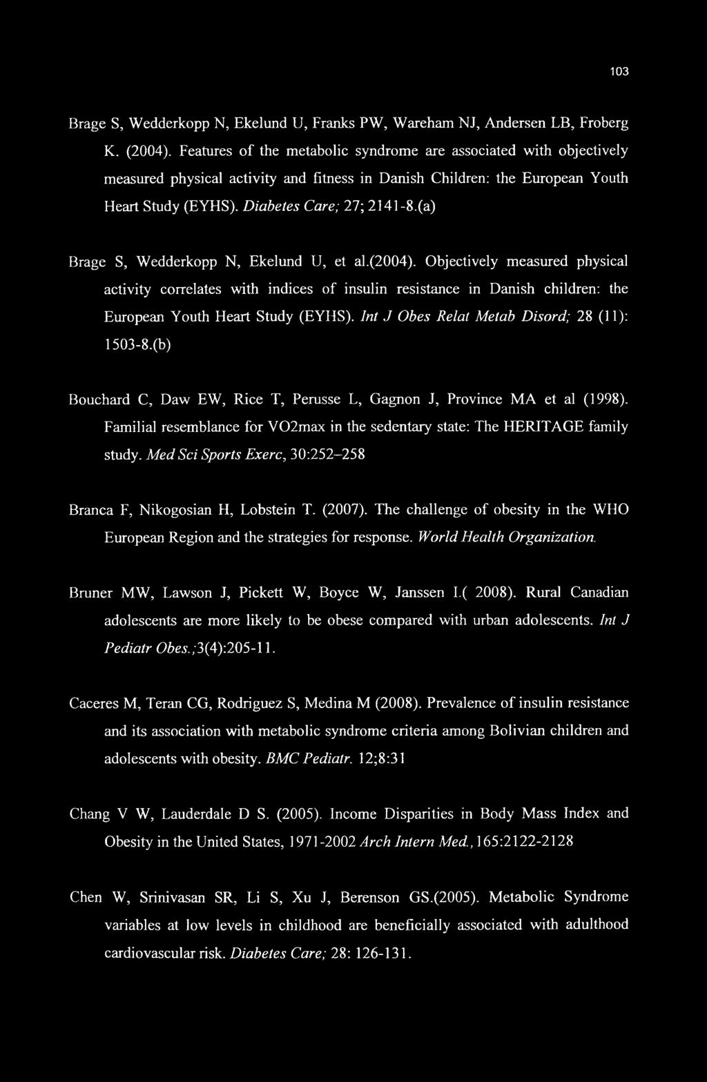 (a) Brage S, Wedderkopp N, Ekelund U, et al.(2004). Objectively measured physical activity correlates with indices of insulin resistance in Danish children: the European Youth Heart Study (EYHS).