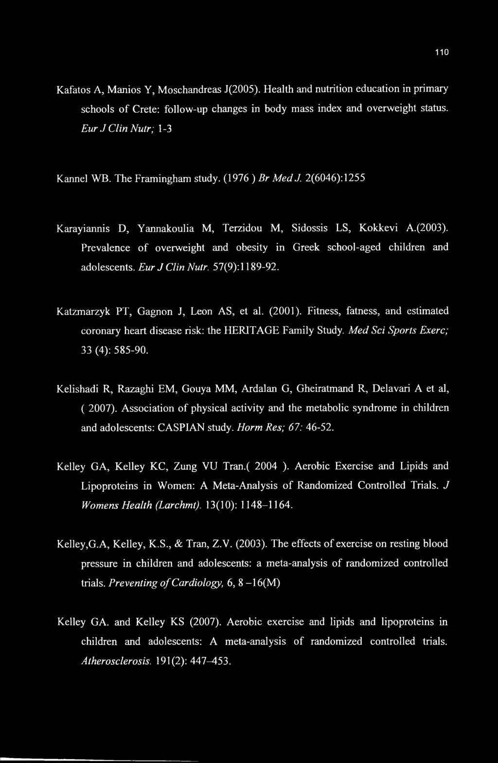 Prevalence of overweight and obesity in Greek school-aged children and adolescents. Eur J Clin Nutr. 57(9): 1189-92. Katzmarzyk PT, Gagnon J, Leon AS, et al. (2001).