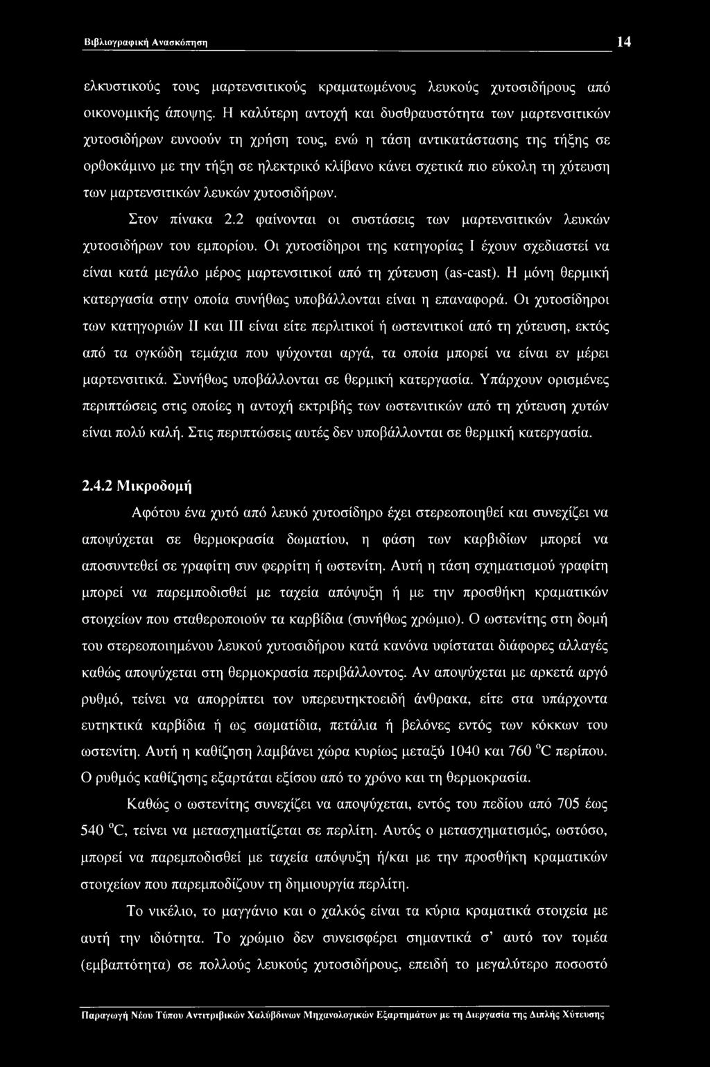 τη χύτευση των μαρτενσιτικών λευκών χυτοσιδήρων. Στον πίνακα 2.2 φαίνονται οι συστάσεις των μαρτενσιτικών λευκών χυτοσιδήρων του εμπορίου.