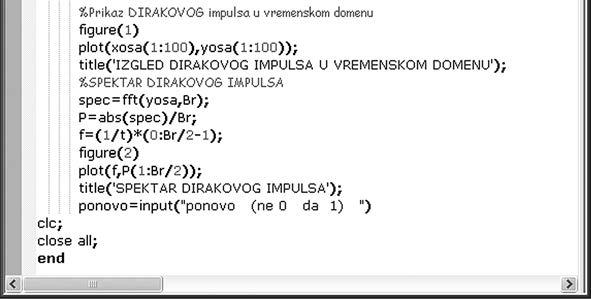 12. ХАРМОНИЈСКА АНАЛИЗА У ПРОГРАМСКОМ ОКРУЖЕЊУ OCTAVE Слика 12.23 Кôд у датотеци dirak.m (II део) Слика 12.