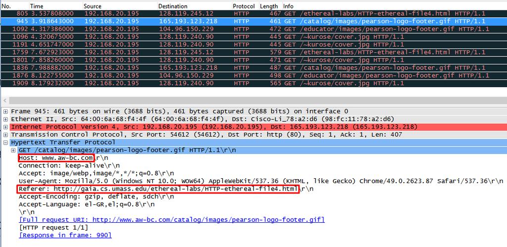 HTTP συνέχεια HTML με ενσωματωμένα αντικείμενα Ανοίξτε το Wireshark και εκκινήστε την καταγραφή traces. Προηγηθείτε στην διεύθυνση: http://gaia.cs.umass.edu/ethereal-labs/http-etherealfile4.html.