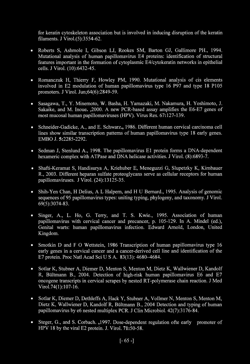 (10):6432-45. Romanczuk H, Thierry F, Howley PM, 1990. Mutational analysis of cis elements involved in E2 modulation of human papillomavirus type 16 P97 and type 18 PI05 promoters. J Virol.