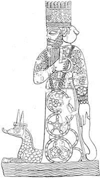 Απεικόνιση του Marduk με τον δράκο του, βαβυλωνιακή κυλινδρική σφραγίδα Το όνομα έχει μεταφερθεί ως Μαρδοχαίος στα Ελληνικά και Merodach στα Εβραϊκά.