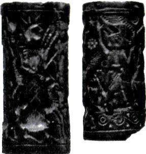 Αιγυπτιακή σφραγίδα με ιερογλυφική επιγραφή (πάνω) και δύο σφραγιδοκύλινδροι*, αιγυπτιακός και συροχεττιτικός (κάτω) που βρέθηκαν στην Περατή της Αττικής.