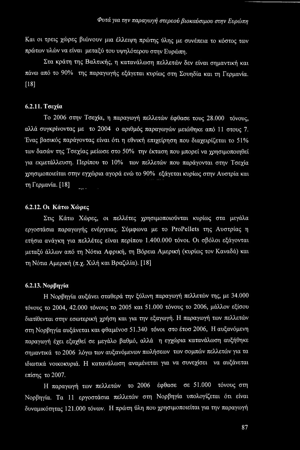 Τσεχία Το 2006 στην Τσεχία, η παραγωγή πελλετών έφθασε τους 28.000 τόνους, αλλά συγκρίνοντας με το 2004 ο αριθμός παραγωγών μειώθηκε από 11 στους 7.