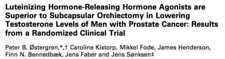 J Urol 2017; in press Orchiectomy increases LH and FSH through a lack of negative feedback whereas triptorelin suppresses LH and FSH after an initial increase.