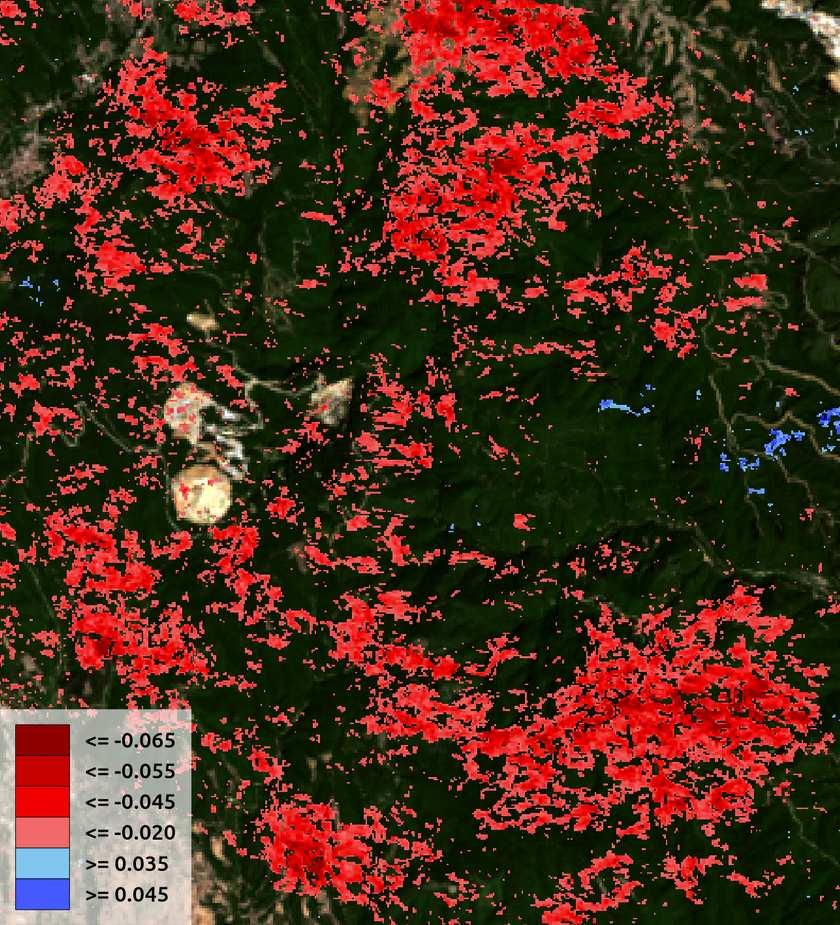 6.2. Χρονική περίοδος : Απρίλιος 2015 - Σεπτέμβριος 2015 Για την πρώτη υποπεριοχή μελέτης που περιλαμβάνει τα δύο μεταλλεία, ο χάρτης των μετακινήσεων και η δυαδική εικόνων των αλλαγών, όπως προέκυψε