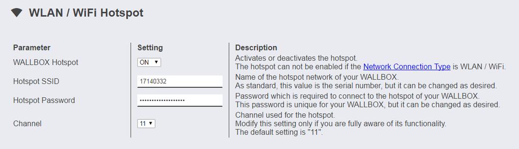 WLAN / WiFi Hotspot Το ενσωματωμένο Hotspot στο Wallbox είναι τυπικά ενεργοποιημένο. Το όνομα του δικτύου είναι ο αριθμός σειράς του Wallbox που βρίσκεται στο πλάι πάνω στην πινακίδα τύπου.