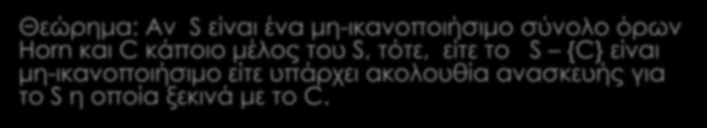 Εξαγωγή συμπεράσματος από σύνολο όρων Horn Θεώρημα: Αν S είναι ένα μη-ικανοποιήσιμο σύνολο όρων Horn και C κάποιο μέλος του S, τότε, είτε το S {C} είναι μη-ικανοποιήσιμο είτε υπάρχει ακολουθία