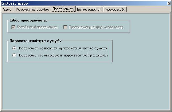 Σχήµα 4.37: Φύλλο Προσοµοίωσης της Φόρµας Επιλογών Έργου. 4.7.4 Επιλογές βελτιστοποίησης Οι επιλογές βελτιστοποίησης εµφανίζονται στο τέταρτο φύλλο της Φόρµας Επιλογών Έργου.