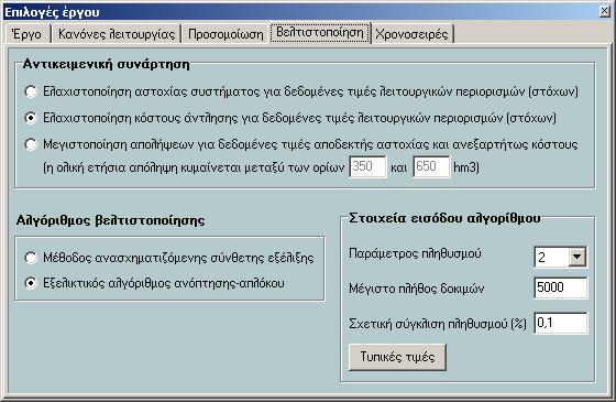 Σχήµα 4.38: Φύλλο Βελτιστοποίησης της Φόρµας Επιλογών Έργου.