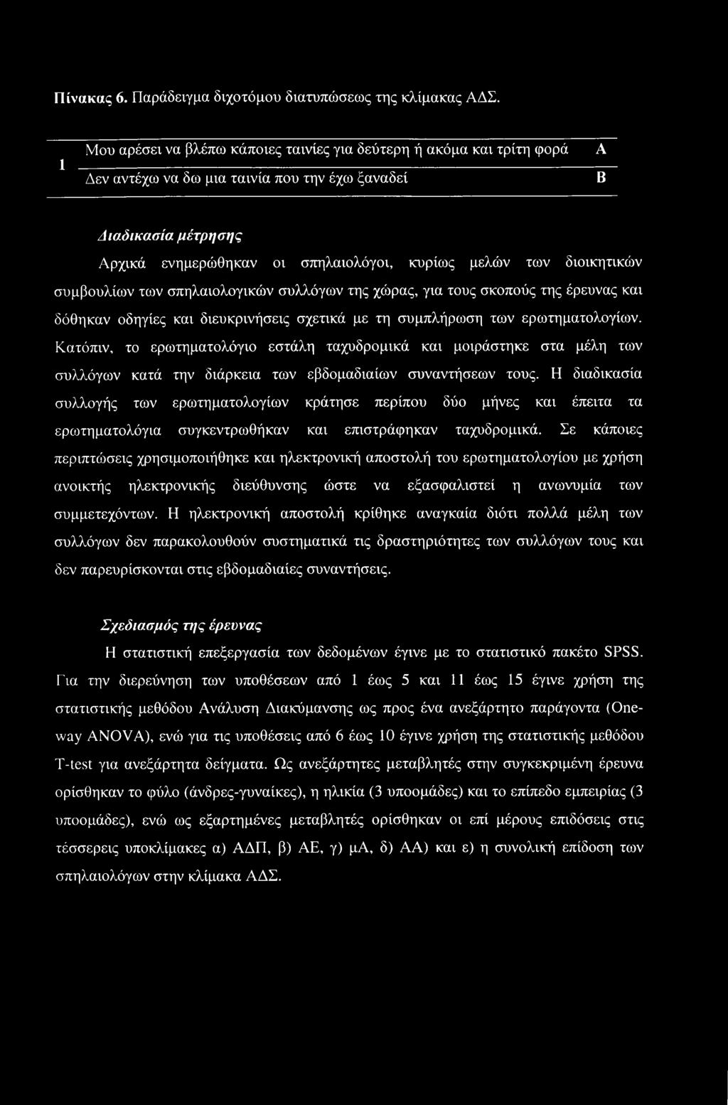 Πίνακας 6. Παράδειγμα διχοτόμου διατυπώσεως της κλίμακας ΑΔΣ.