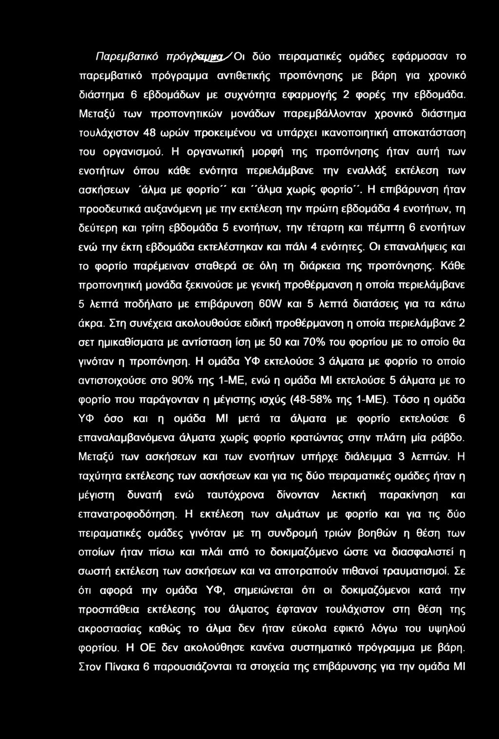 Η οργαντική μορφή της προπόνησης ήταν αυτή τν ενοτήτν όπου κάθε ενότητα περιελάμβανε την εναλλάξ εκτέλεση τν ασκήσεν "άλμα με φορτίο" και "άλμα χρίς φορτίο".