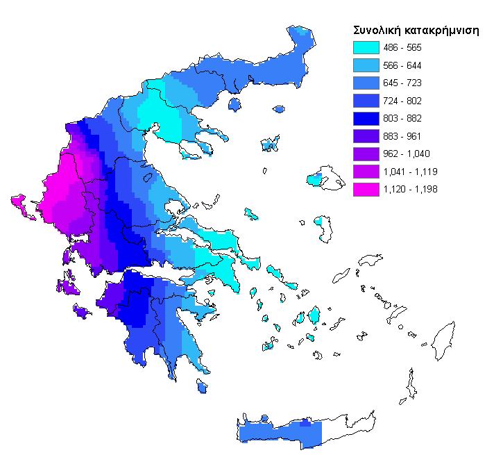 Στο Χάρτη 1.4 που ακολουθεί, παρουσιάζεται ο δείκτης κατακρήμνισης στην Ελλάδα, όπου μπορούμε να διακρίνουμε καθαρά το πιο πλεονασματικό και το πιο ελλειμματικό υδατικό διαμέρισμα.