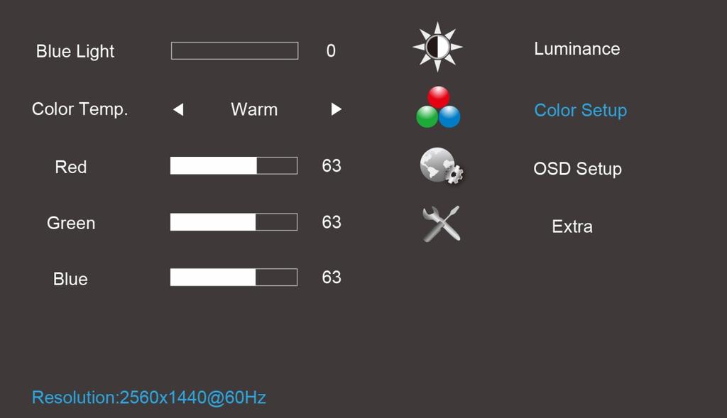 Color Setup (Ρύθμιση χρωμάτων) 1. Πιέστε (Μενού) για την εμφάνιση του μενού. 2. Πατήστε το < ή το > για να επιλέξετε (Color Setup (Ρύθμιση χρώματος)) και πατήστε για να εισέλθετε. 3.