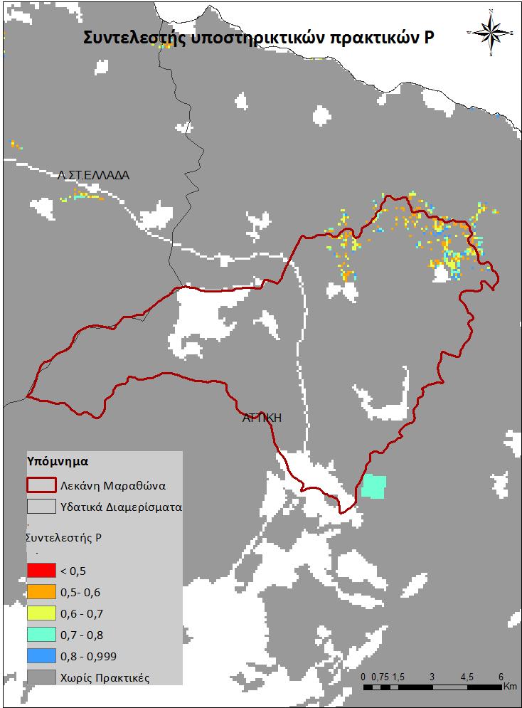 Εικόνα 6.15: Ο συντελεστής υποστηρικτικών πρακτικών P στη λεκάνη του Μαραθώνα. Όπως φαίνεται από τον χάρτη της εικόνας 6.