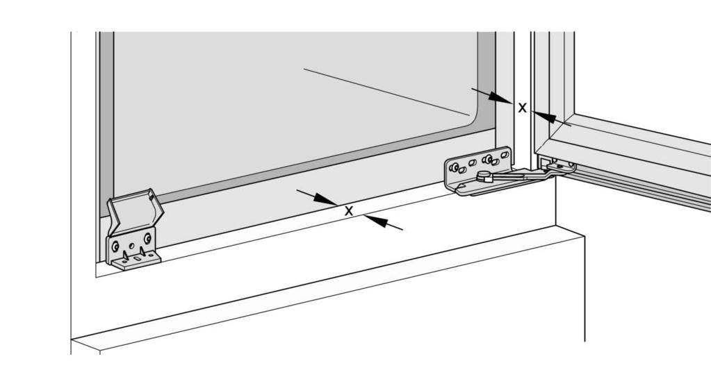 12. Alinhe o aparelho com o pé de apoio do lado da abertura da porta: O esquadro de fixação tem de ficar nivelado com a aresta frontal do fundo do móvel.