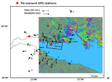 Σχήμα 4. α) Εικόνα της παραμόρφωσης από μετρήσεις GPS σχετική με τον σεισμό του Αιγίου της 15/6/1995 μαζί με τις θέσεις του δικτύου των μονίμων σταθμών GPS.