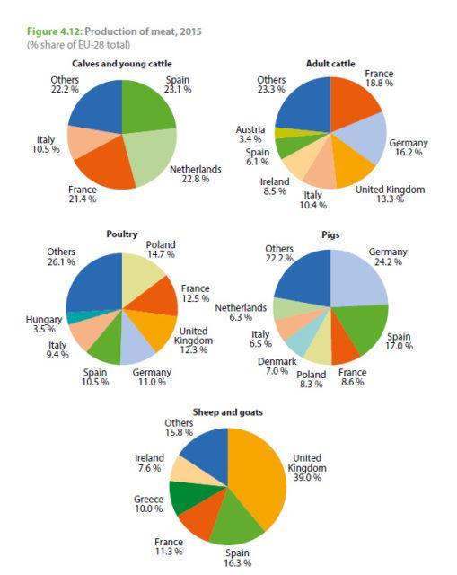 Παραγωγή κρέαηος, 2015 (ποζοζηό επί ηοσ ζσνόλοσ ηων 28 κραηών μελών) Πεξίπνπ ηα δύν ηξίηα ηνπ βόεηνπ θξέαηνο πνπ παξήρζε ην 2015 ζηελ Δ.Δ. πξνεξρόηαλ από ηαύξνπο (32%) θαη αγειάδεο (30%).