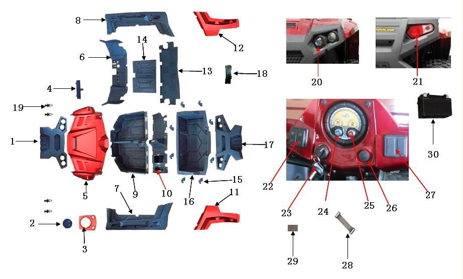 FIG. 28 PLASTIC PARTS PLASTIC PARTS 28-1 19-1000101 front fender 1 28-2 19-1000102 fake instrument 1 28-3 19-1000103 instrument seat 1 28-4 19-1000104 air window 1 28-5 19-1000105 hood 1 28-6