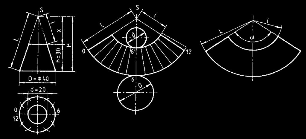 2.2.3 Αναπτύγµατα κωνικών επιφανειών Το σχέδιο και η µορφή του αναπτύγµατος ενός κόλουρου κώνου, µε δεδοµένα τα D,d και L και επίπεδο τοµής παράλληλο ως προς τη βάση, φαίνεται στο σχήµα 2.9.