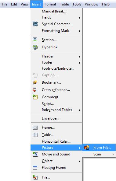 Вметнување на слика во OO Writer Се отвора нов текстуален документ Од менито Insert се избира Picture From File. Се избира слика во постоечкиот дијалог прозорец.