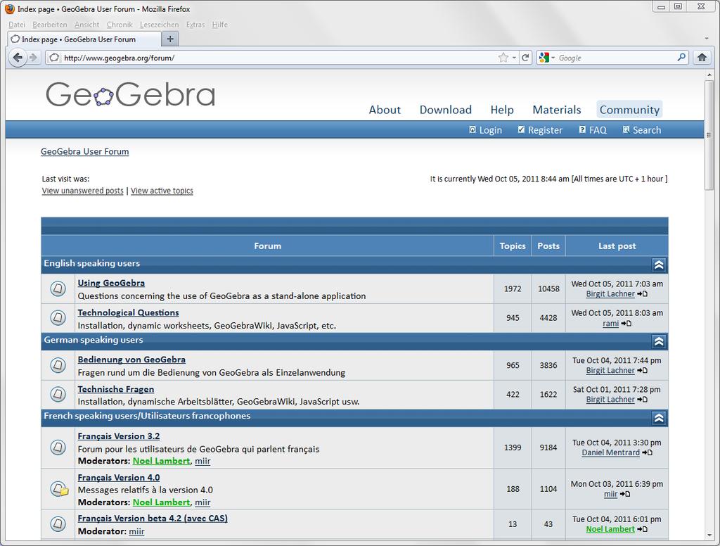 Корисничкиот форум за Геогебра се состои од неколку дискусии на различни јазици, кои им овозможуваат на корисниците да поставуваат и да одговараат на прашања поврзани со Геогебрата на свој јазик.