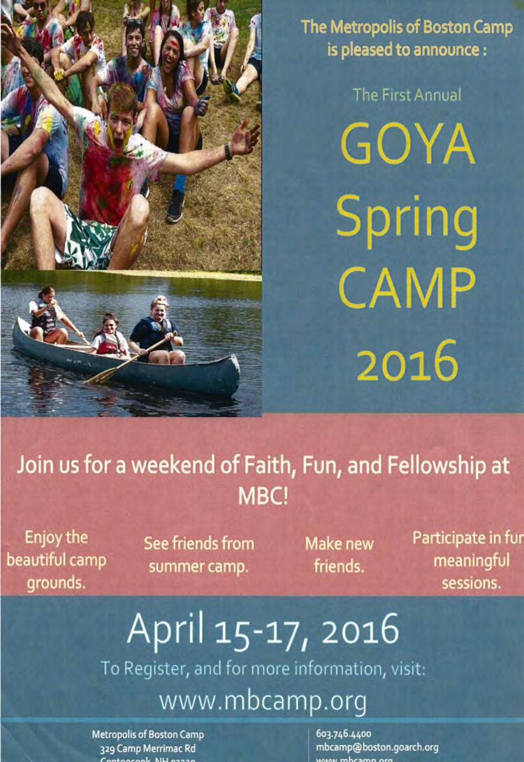 GOYA SPRING CAMP 2016 EPISTLE READING St. Paul's Letter to the Hebrews 4:14-16; 5:1-6 Prokeimenon. Mode Plagal 2. Psalm 27.9,1 O Lord, save your people and bless your inheritance.