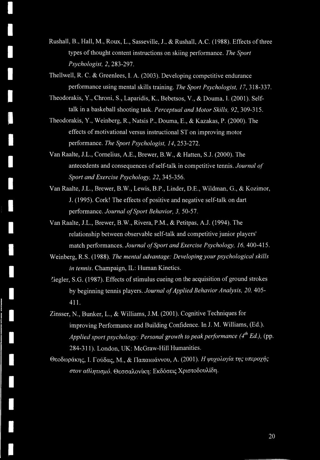 , & Douma, I. (2001). Selftalk in a baskeball shooting task. Perceptual and Motor Skills, 92, 309-315. Theodorakis, Y., Weinberg, R., Natsis P Douma, E., & Kazakas, P. (2000).