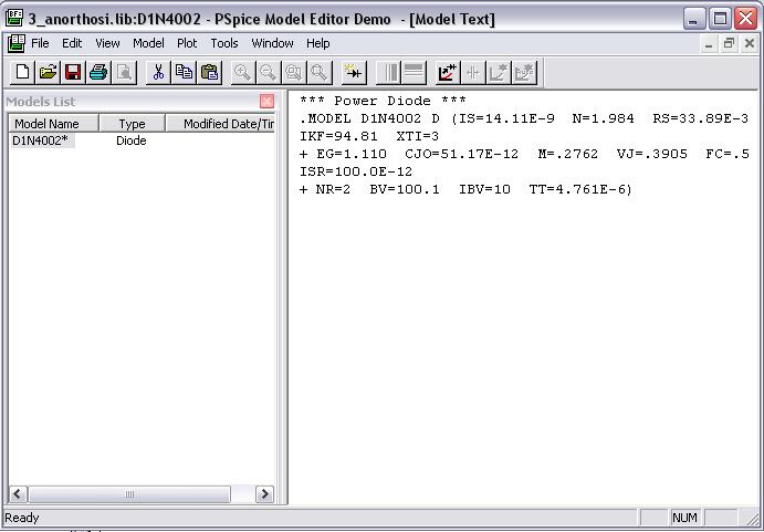 D1 D1N4002 VOFF = 0 VAMPL = 6.4 FREQ = 50 V1 R1 1k 0 Η δίοδος D1N4002 που χρησιμοποιούμε έχει τα ίδια χαρακτηριστικά με την αντίστοιχη του εμπορίου (τάση ορθής πόλωσης, δυναμικό επαφής p-n, κλπ.).