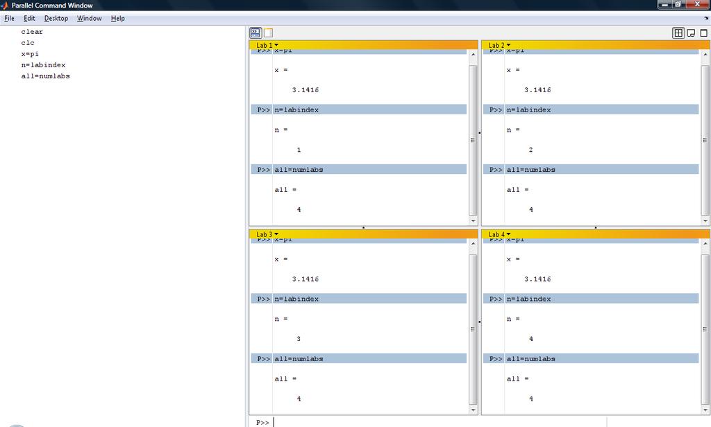 P>> x = pi Μία μεταβλητή, όμως, δεν είναι απαραίτητο να έχει την ίδια τιμή σε όλα τα εργαστήρια. Η συνάρτηση labindex επιστρέφει την ταυτότητα κάθε εργαστηρίου το οποίο ανήκει στην παράλληλη εργασία.