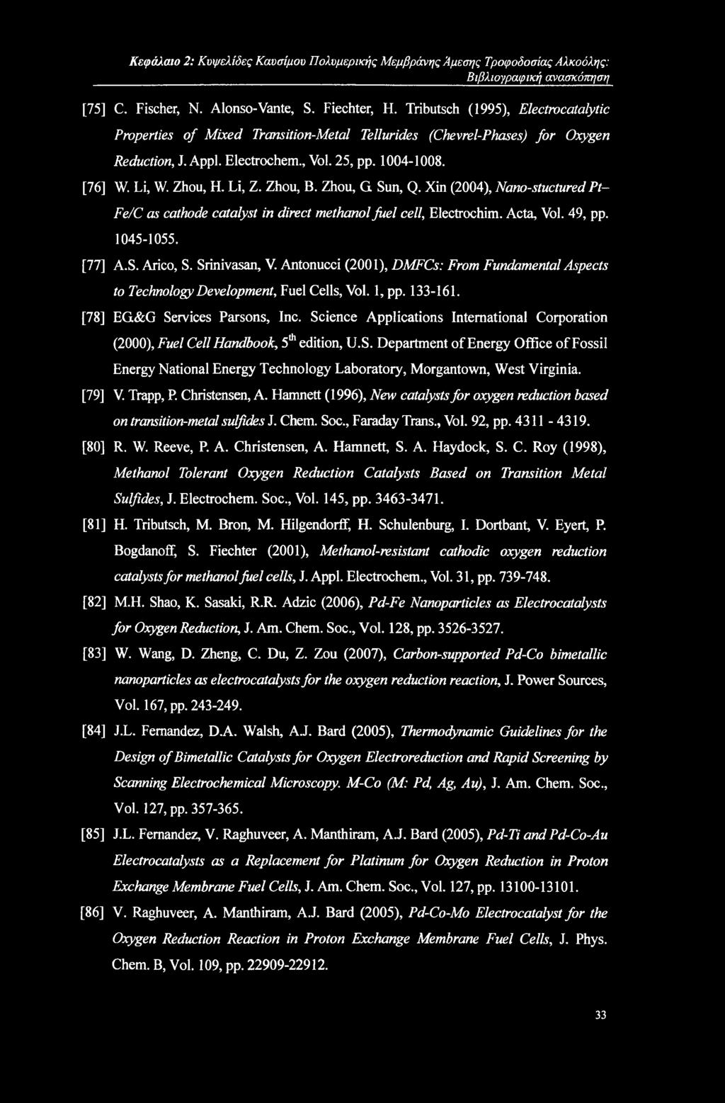 Κεφάλαιο 2: Κυψελίδες Καυσίμου Πολυμερικής Μεμβράνης Άμεσης Τροφοδοσίας Αλκοόλης: Βιβλιογραφική ανασκόπηση [75] C. Fischer, Ν. Alonso-Vante, S. Fiechter, H.