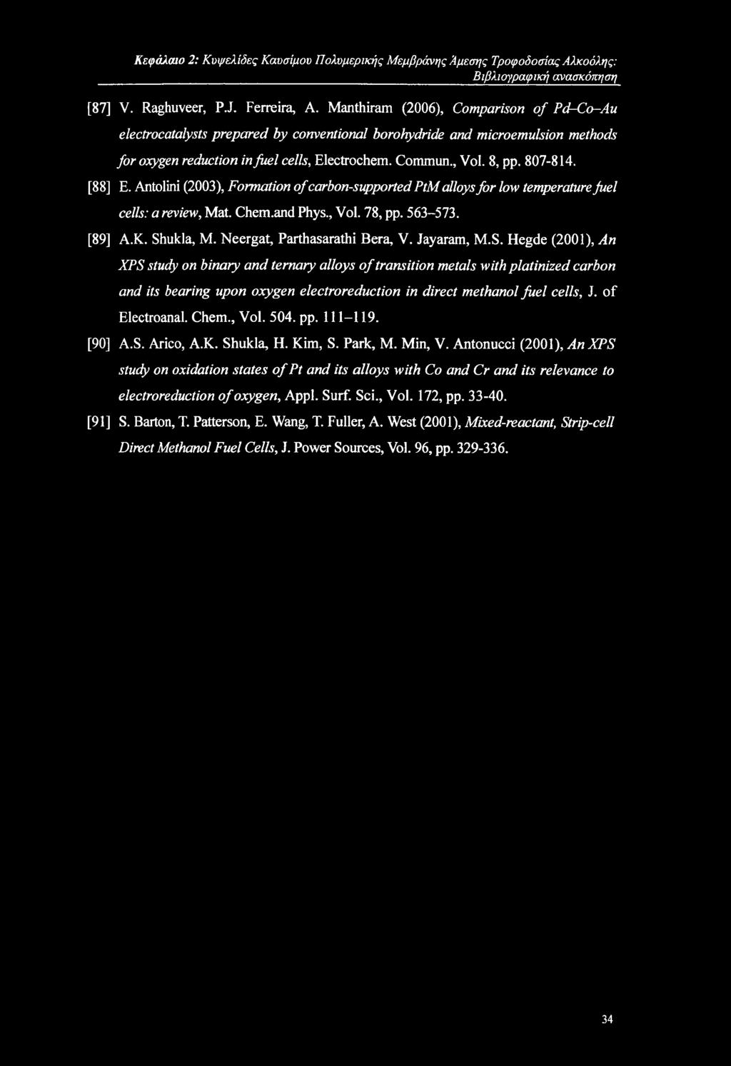 Κεφάλαιο 2: Κυψελίδες Καυσίμου Πολυμερικής Μεμβράνης Άμεσης Τροφοδοσίας Αλκοόλης: Βιβλιογραφική ανασκότνηση [87] V. Raghuveer, PJ. Ferreira, A.