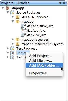 Εικόνα 21 : Πρόσθεση Jar αρχείων Βήμα 2. Αφού προσθέσαµε τα.jars αρχεία µπορούµε να εισάγουµε JXMapKit στην φόρµα µας.