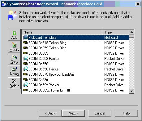 Εικόνα 21 Symantec Ghost Corporate: Επιλογή Κάρτας Δικτύου Από μια λίστα από προτεινόμενες κάρτες δικτύου γίνεται επιλογή αυτής που χρησιμοποιεί ο H/Y του οποίου θα γίνει αντίγραφο ασφαλείας (ή