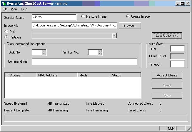 Εικόνα 51 Symantec Ghost Corporate: Ghost Cast Server Στον Ghost Cast Server υπάρχουν επιλογές για την αυτόματη εκκίνηση (Auto Start)