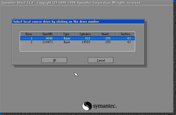 Εικόνα 67 Symantec Ghost Corporate: Επιλογή του σκληρού δίσκου που θα πάρετε αντίγραφο Έπειτα